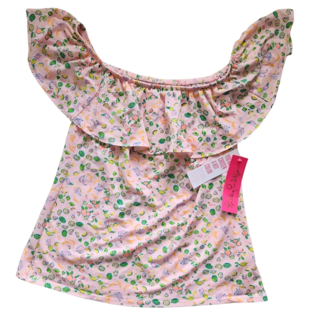 Lilly Pulitzer Off-Shoulder Pink Fruit Print Top | Size Small | NWT Summer Beach - Picture 1 of 5